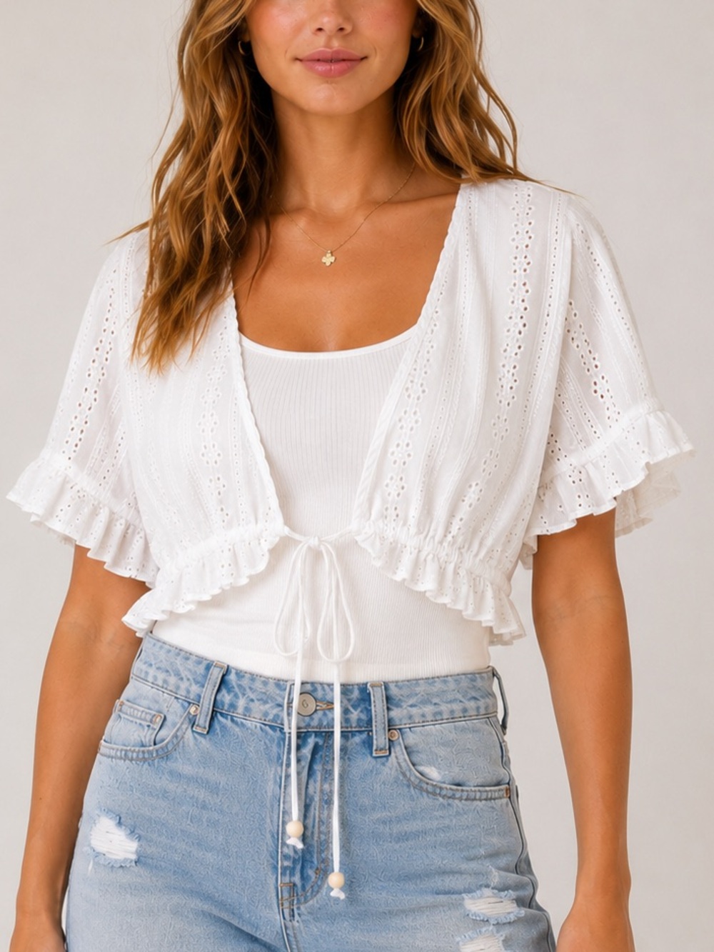 Cider White Eyelet Tie Front Crop Top Size L Ruffle Sleeve